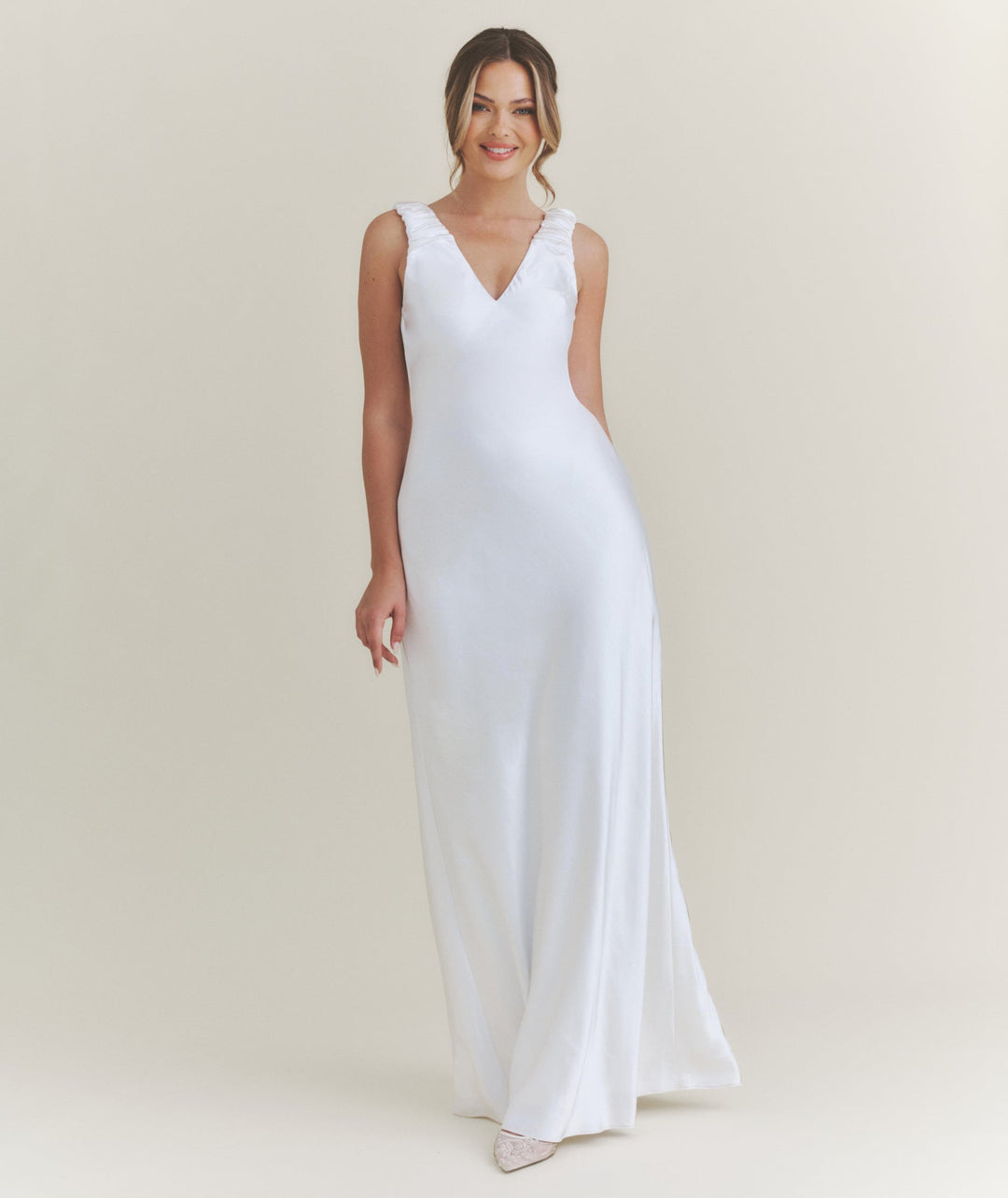 V Neck Satin Maxi Dress – White