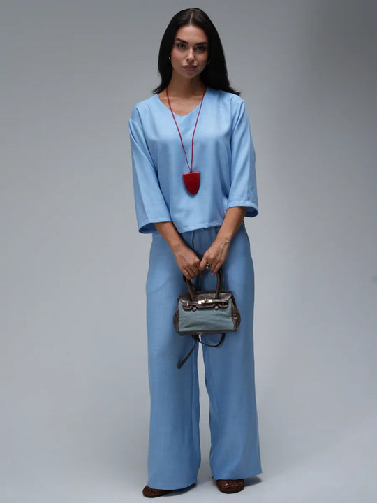 Womens Casual Two-Piece Set Fashionable Solid-Color Loose Cropped-Sleeve Wide-Leg Pants Suit