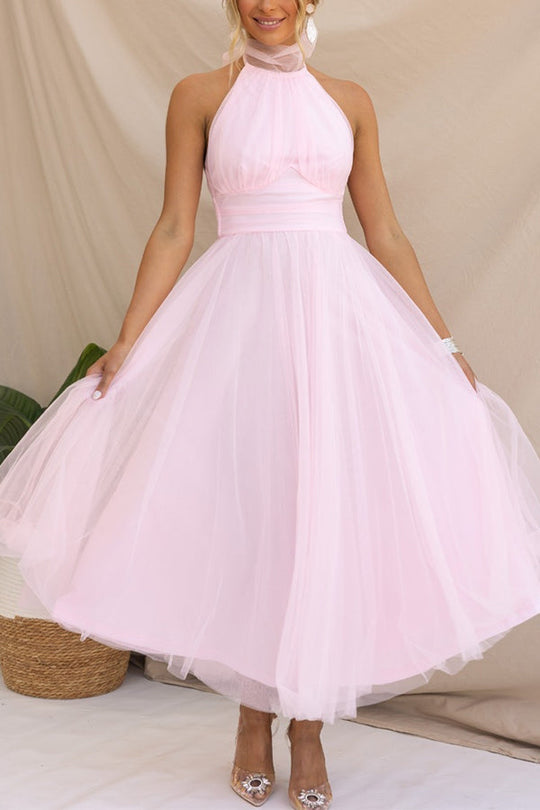 Aylin | Women's Sleeveless Halter-Neck Midi Prom Dress