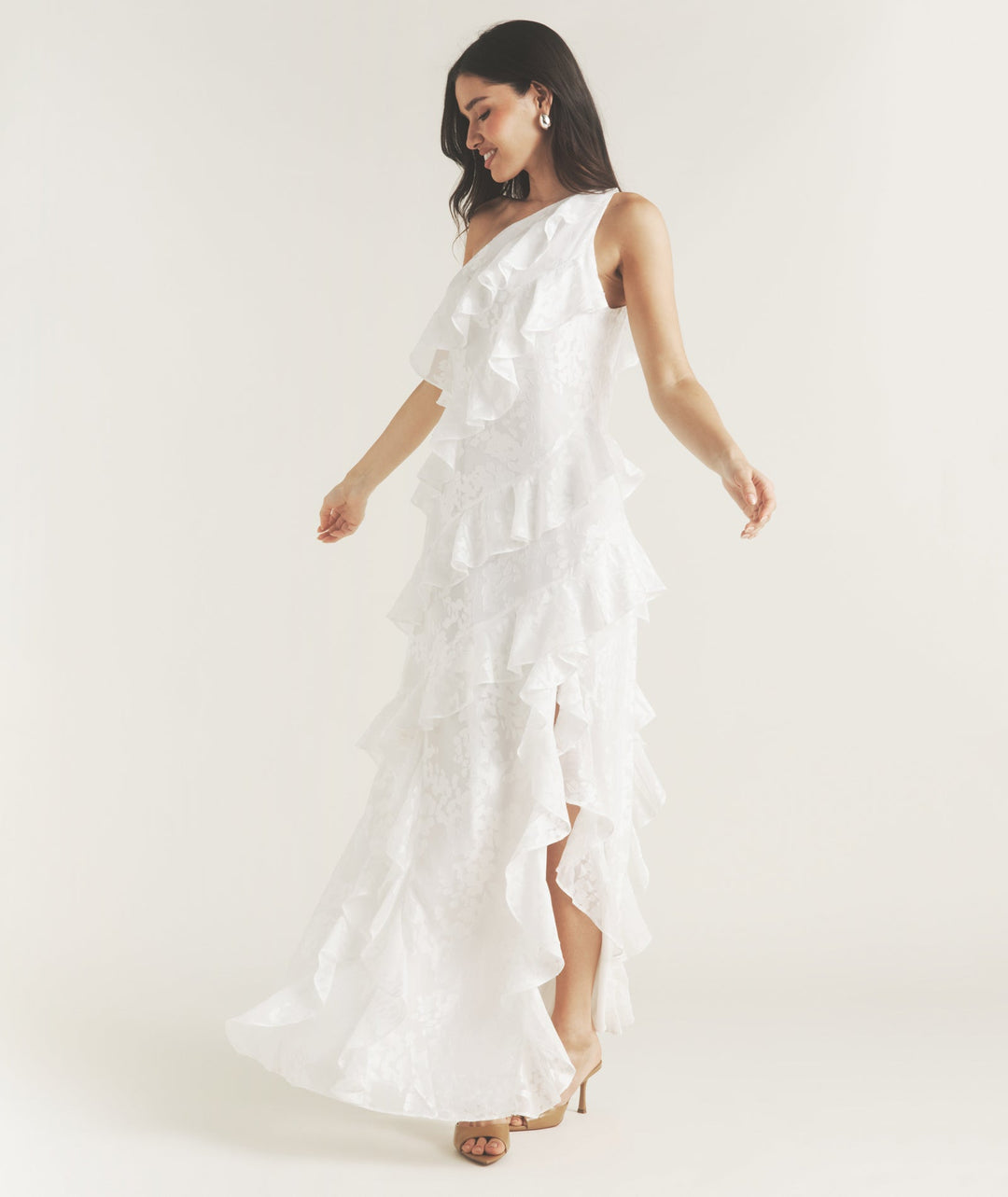 One Shoulder Floral Ruffle Maxi Dress - White