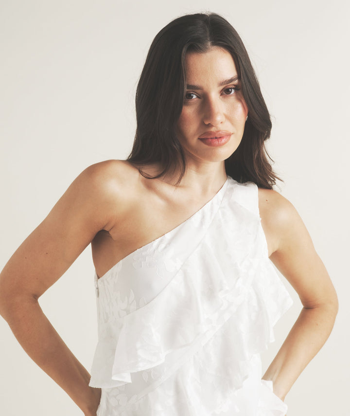 One Shoulder Floral Ruffle Maxi Dress - White
