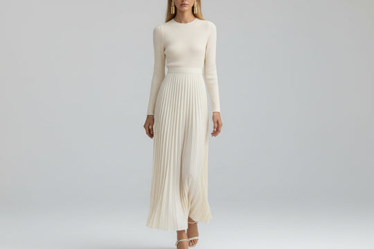 Women’s Long Sleeve Satin Knit Pleated Maxi Dress