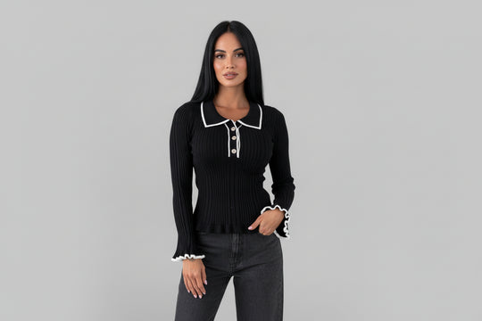 Women’s Lapel Ruffle Knit Sweater Color Block Slim Fit Long Sleeve Pullover