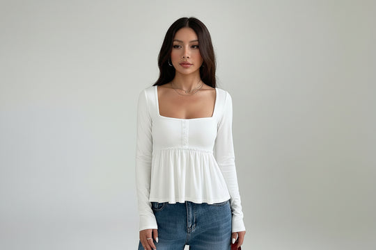 Women’s Square Neck Long Sleeve Waist-Tie Pullover Top