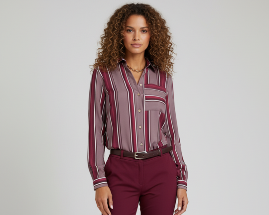 Burgundy striped shirt - full body front