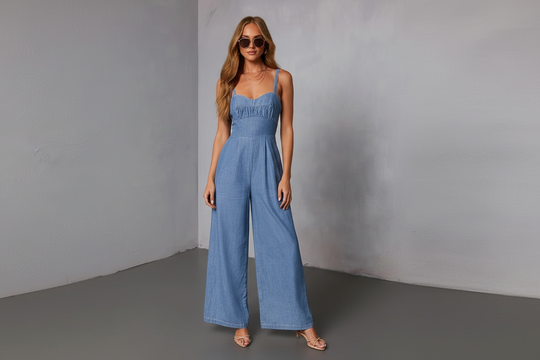 Light blue denim jumpsuit - full body front