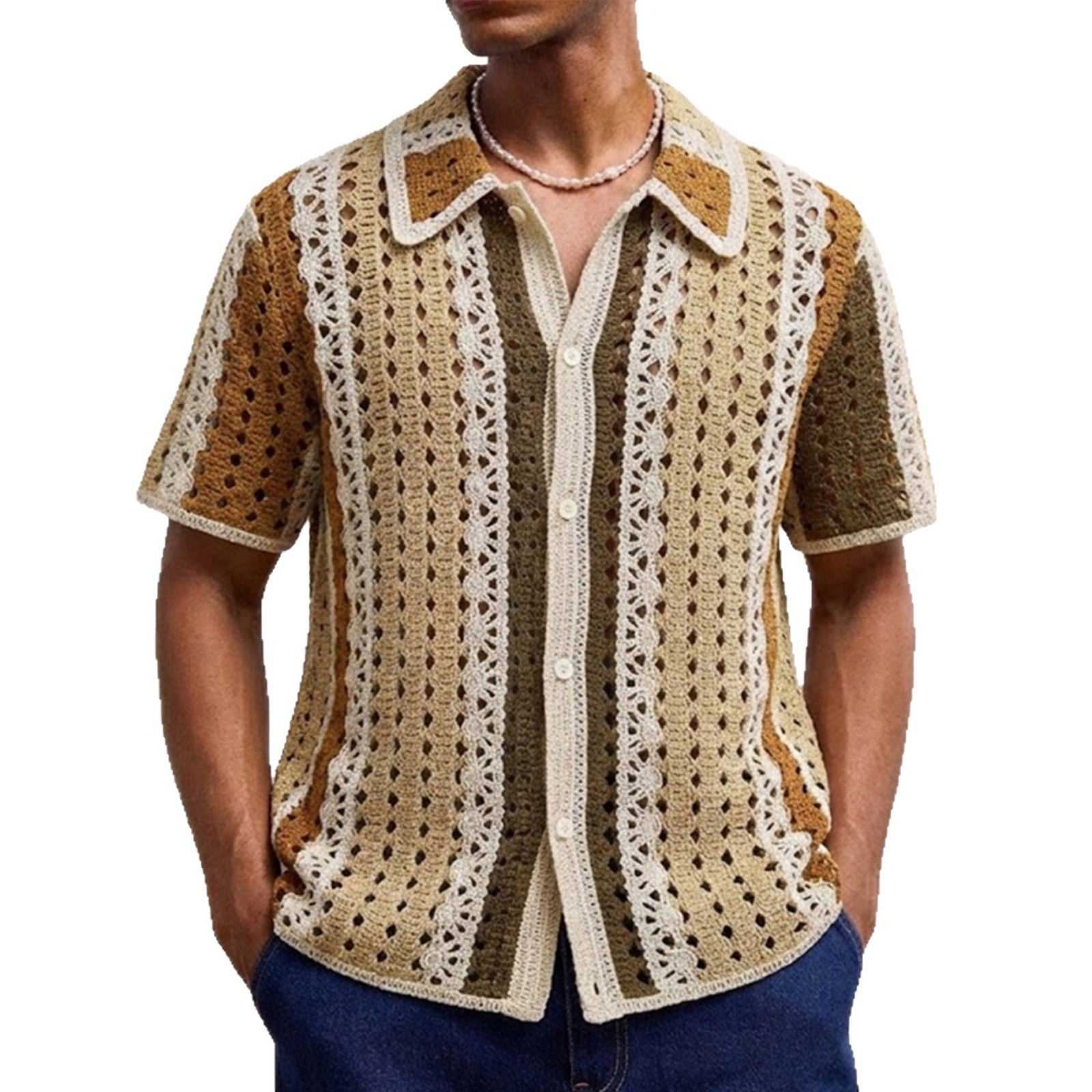Mens Fashionable Water-Soluble Crochet Knit Sweater