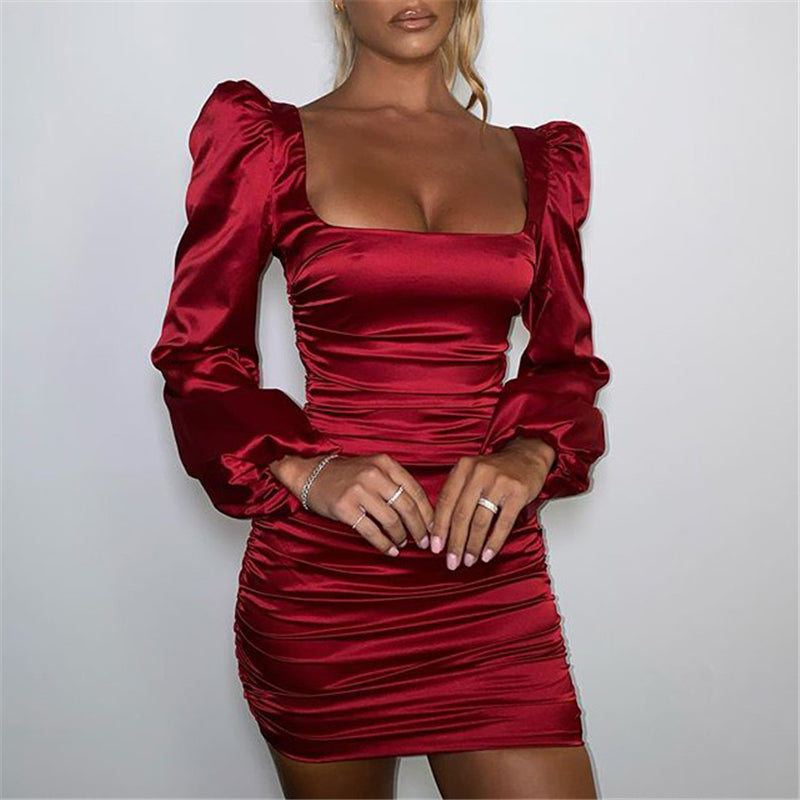 Fashion Elegant Square Neck Long Sleeve Blackless Pleated  Tight Dress