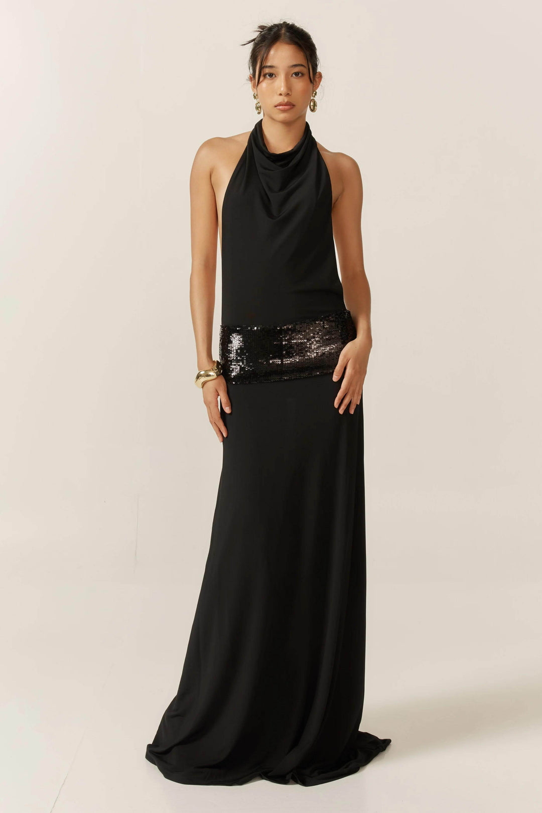 Agnesine | Sequin Waist Backless Maxi Dress