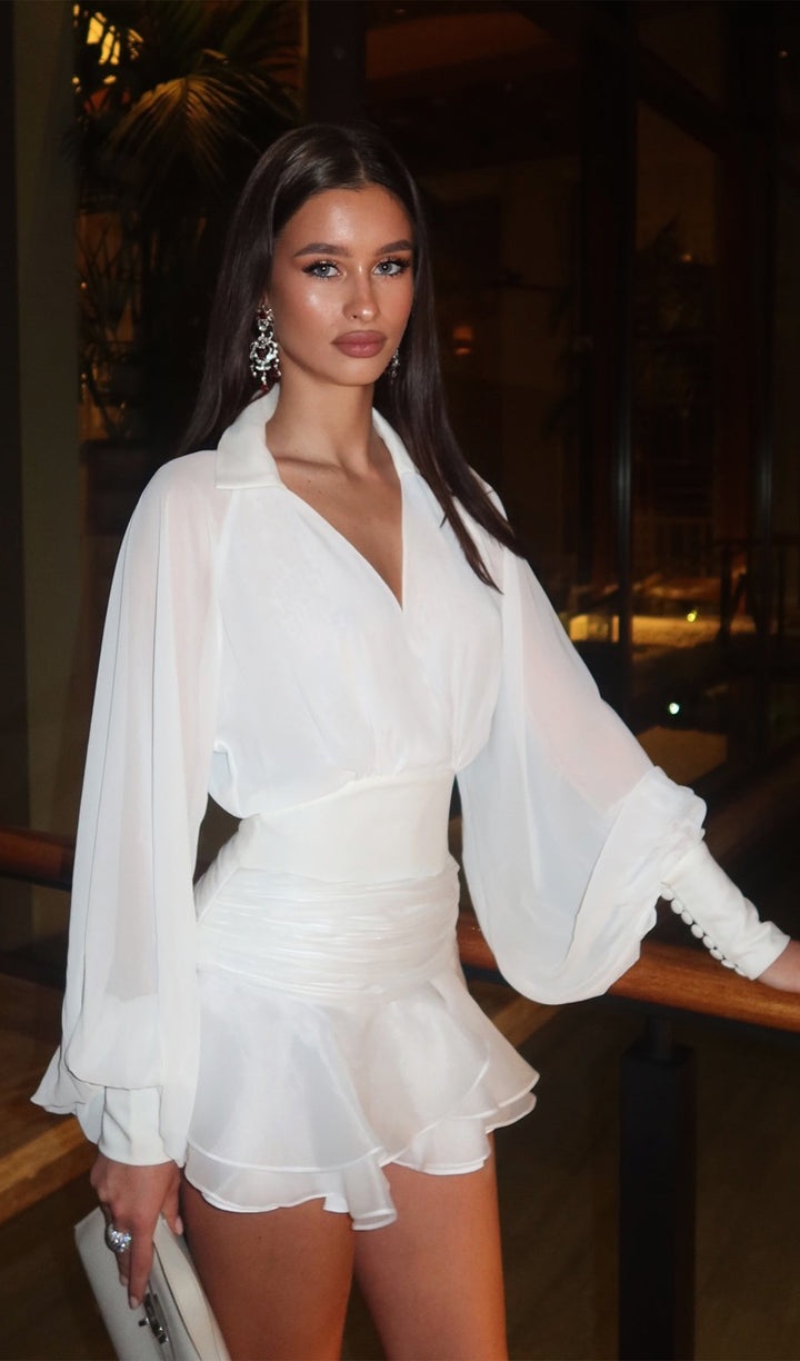 Eithne | Sheer-Sleeve Collared Mini Dress