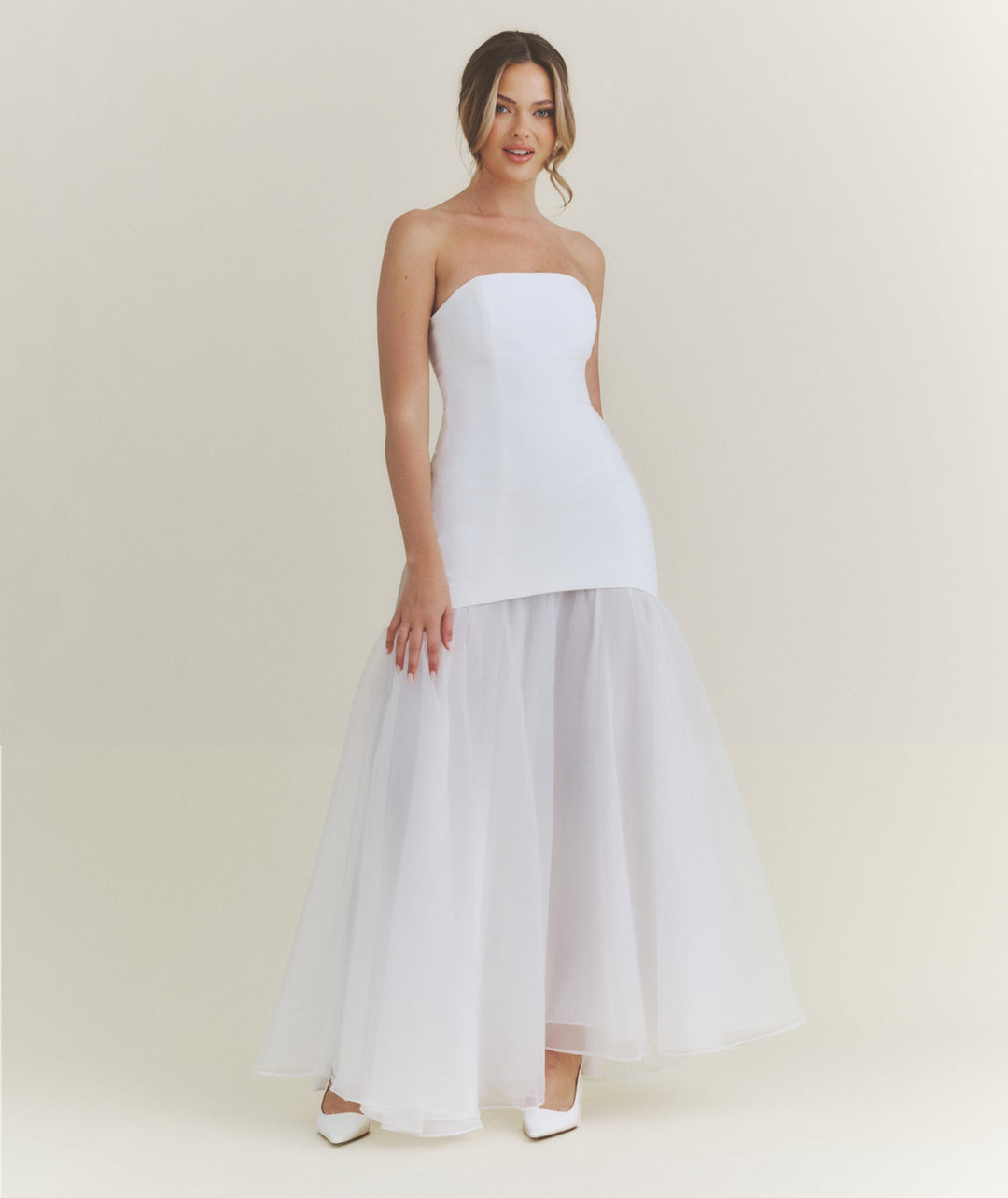 Bandeau Drop Waist Maxi Dress – White