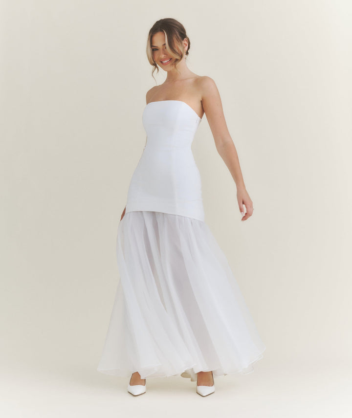 Bandeau Drop Waist Maxi Dress – White