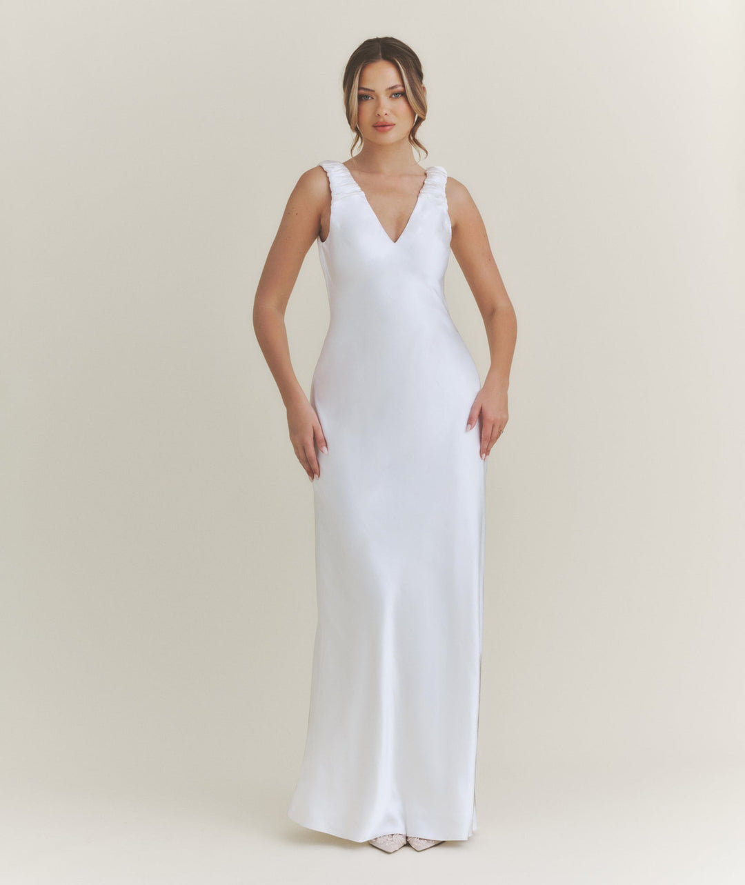 V Neck Satin Maxi Dress – White