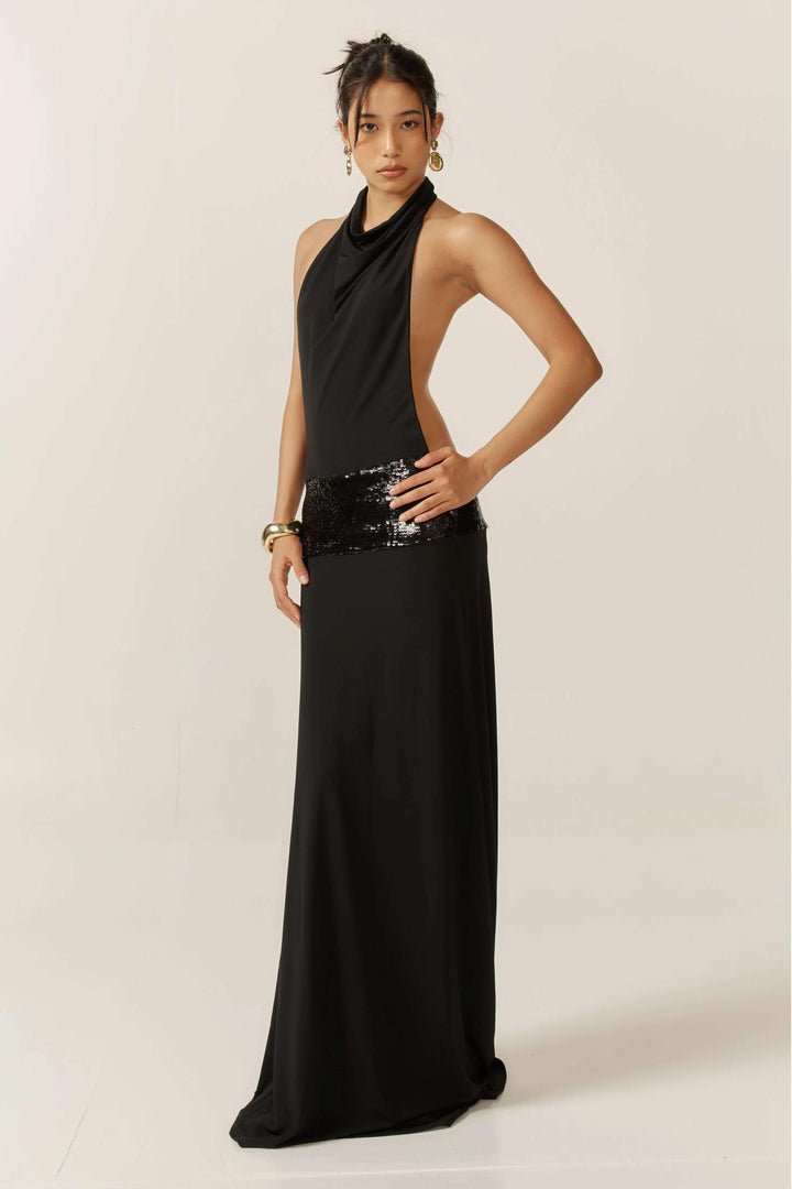 Agnesine | Sequin Waist Backless Maxi Dress