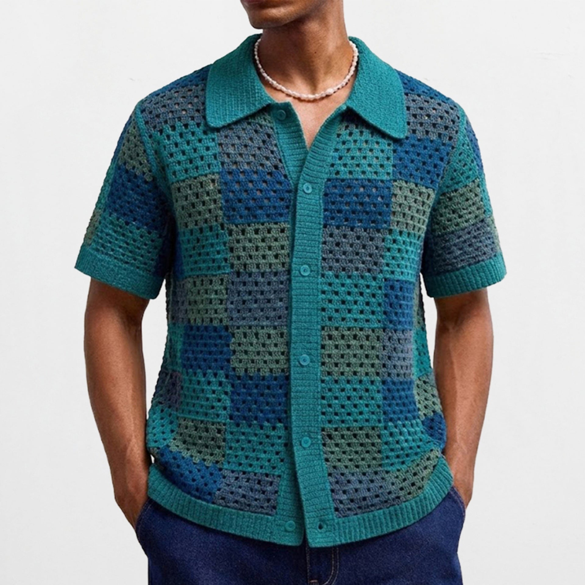 Mens Short-sleeve Cardigan Knit Sweater