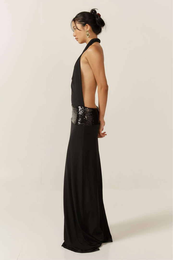 Agnesine | Sequin Waist Backless Maxi Dress