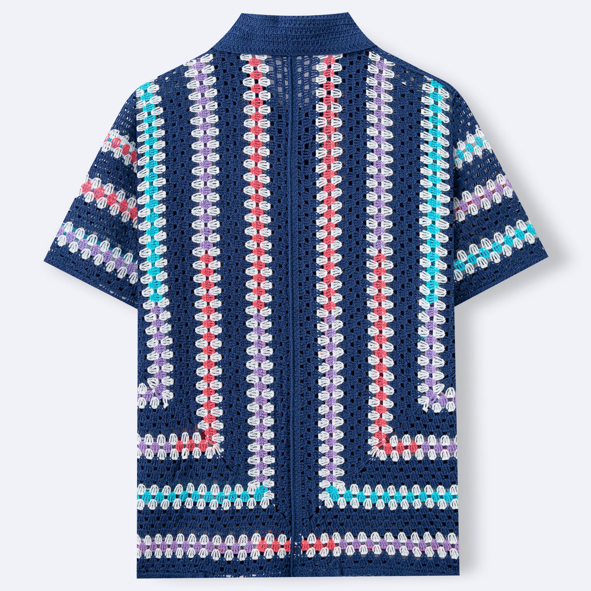 Mens Hollow-Out Cardigan Short-Sleeve Lapel Water-Soluble Knit Top