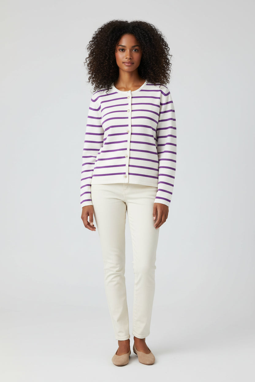 Women’s  Round Neck Striped Knitted Cardigan