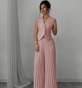 Summer Sleeveless Suit Fashion Lapel Button Vest Top And Pleated Straight Pants Women's Trousers Set Clothing
