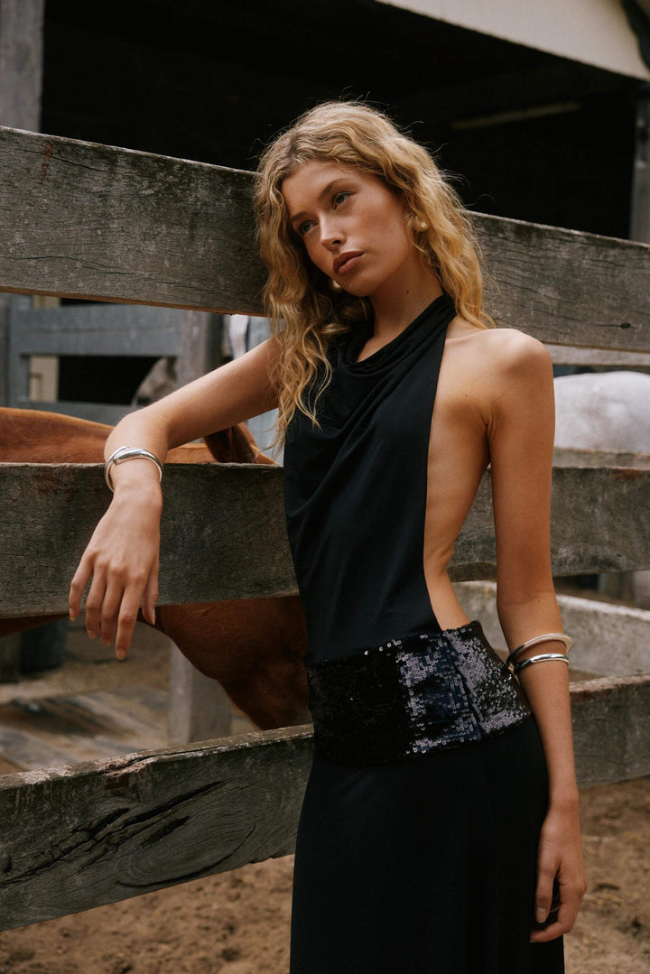 Agnesine | Sequin Waist Backless Maxi Dress