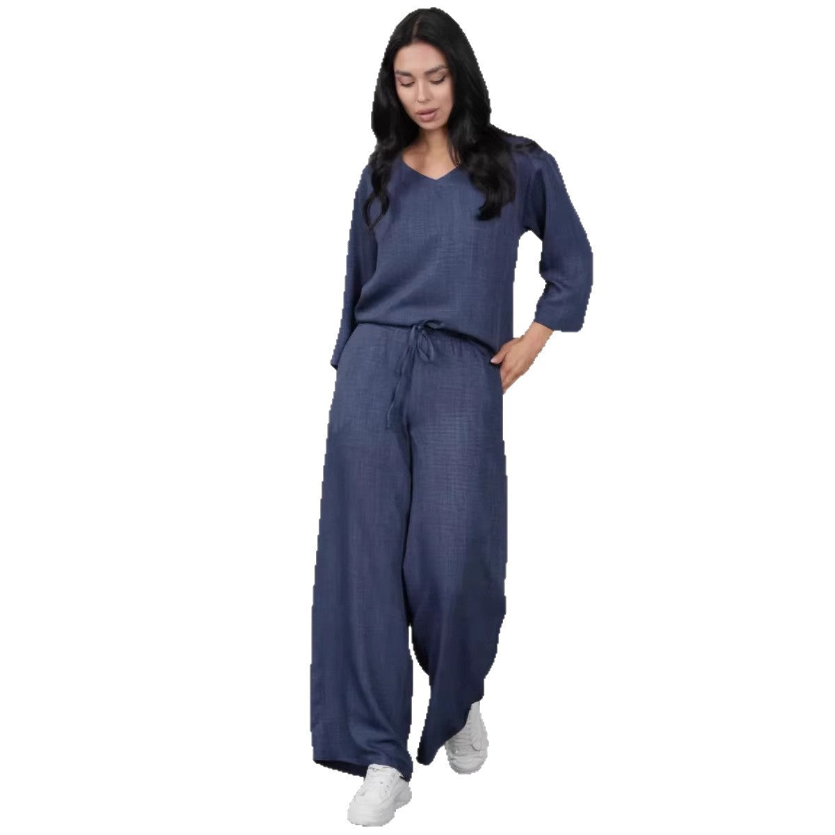 Womens Casual Two-Piece Set Fashionable Solid-Color Loose Cropped-Sleeve Wide-Leg Pants Suit