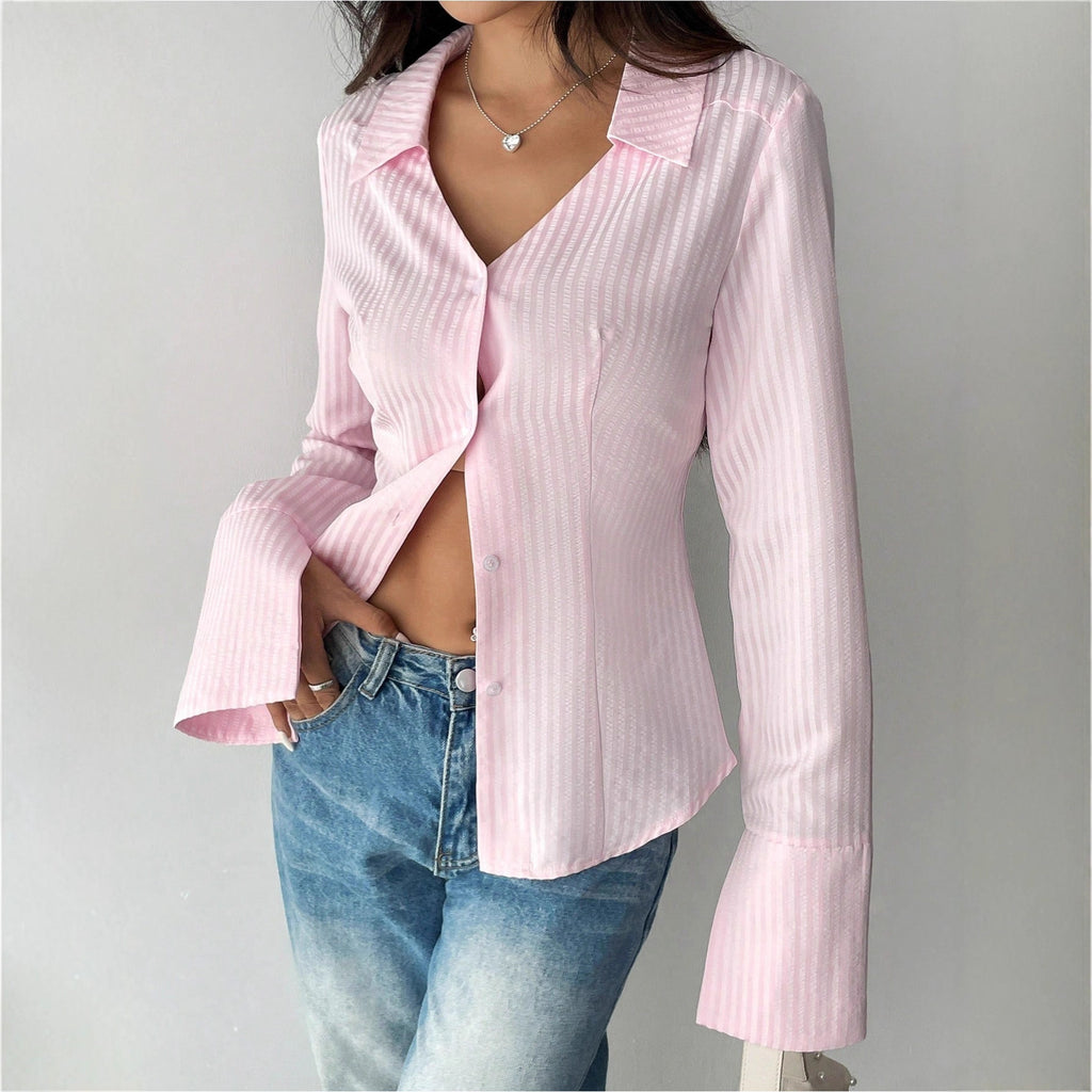 Women's Striped All-matching Casual Bell Sleeve Polo Collar Top