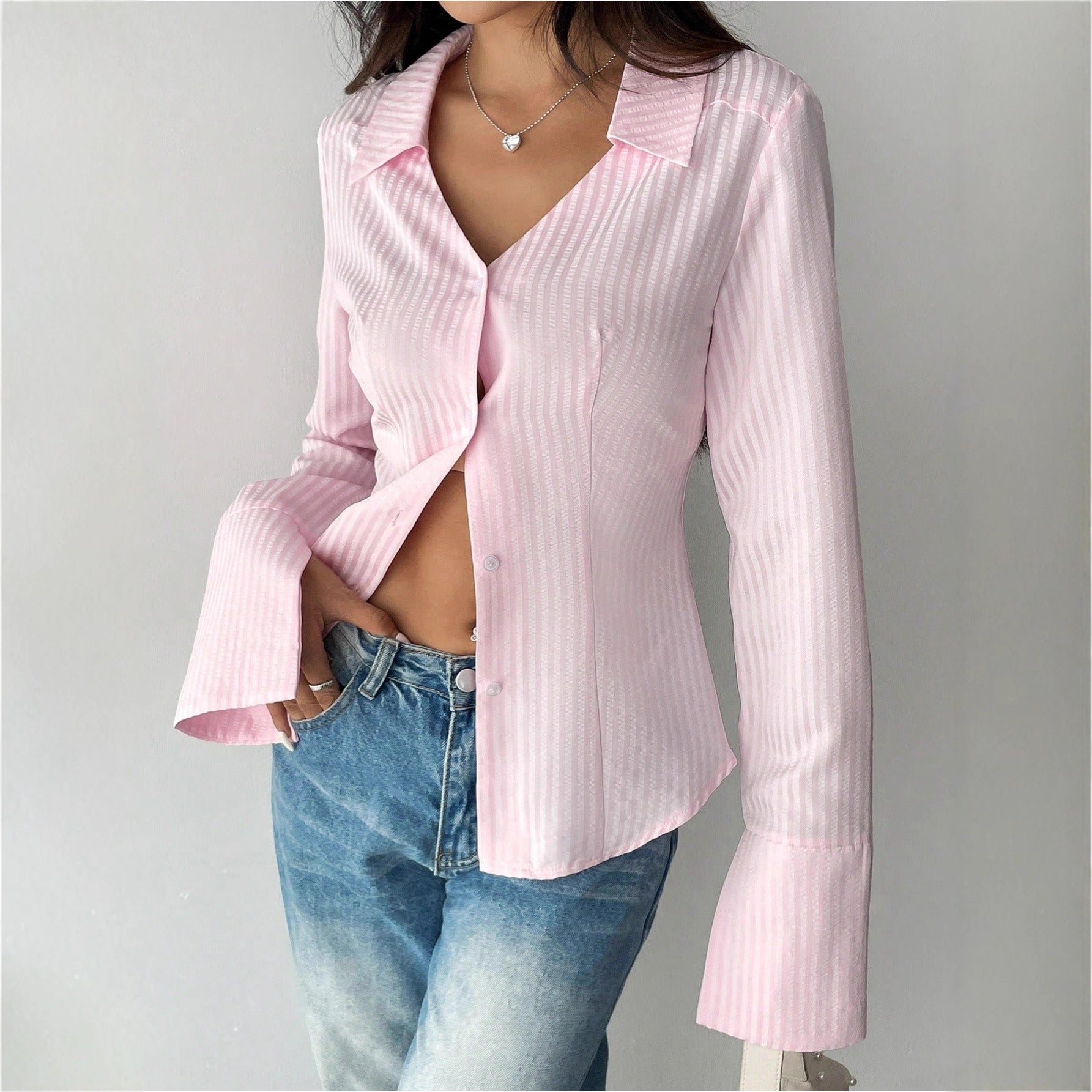 Women's Striped All-matching Casual Bell Sleeve Polo Collar Top