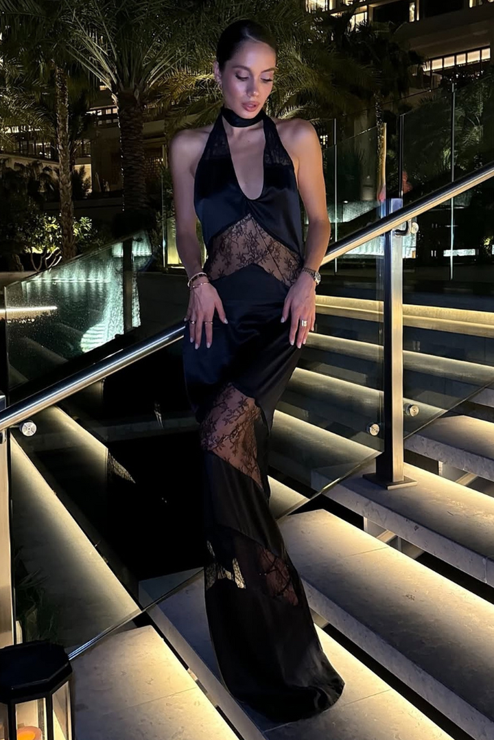 Florabel | Halter Neck Sheer Panel Maxi Dress