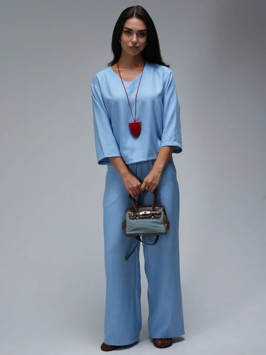 Womens Casual Two-Piece Set Fashionable Solid-Color Loose Cropped-Sleeve Wide-Leg Pants Suit