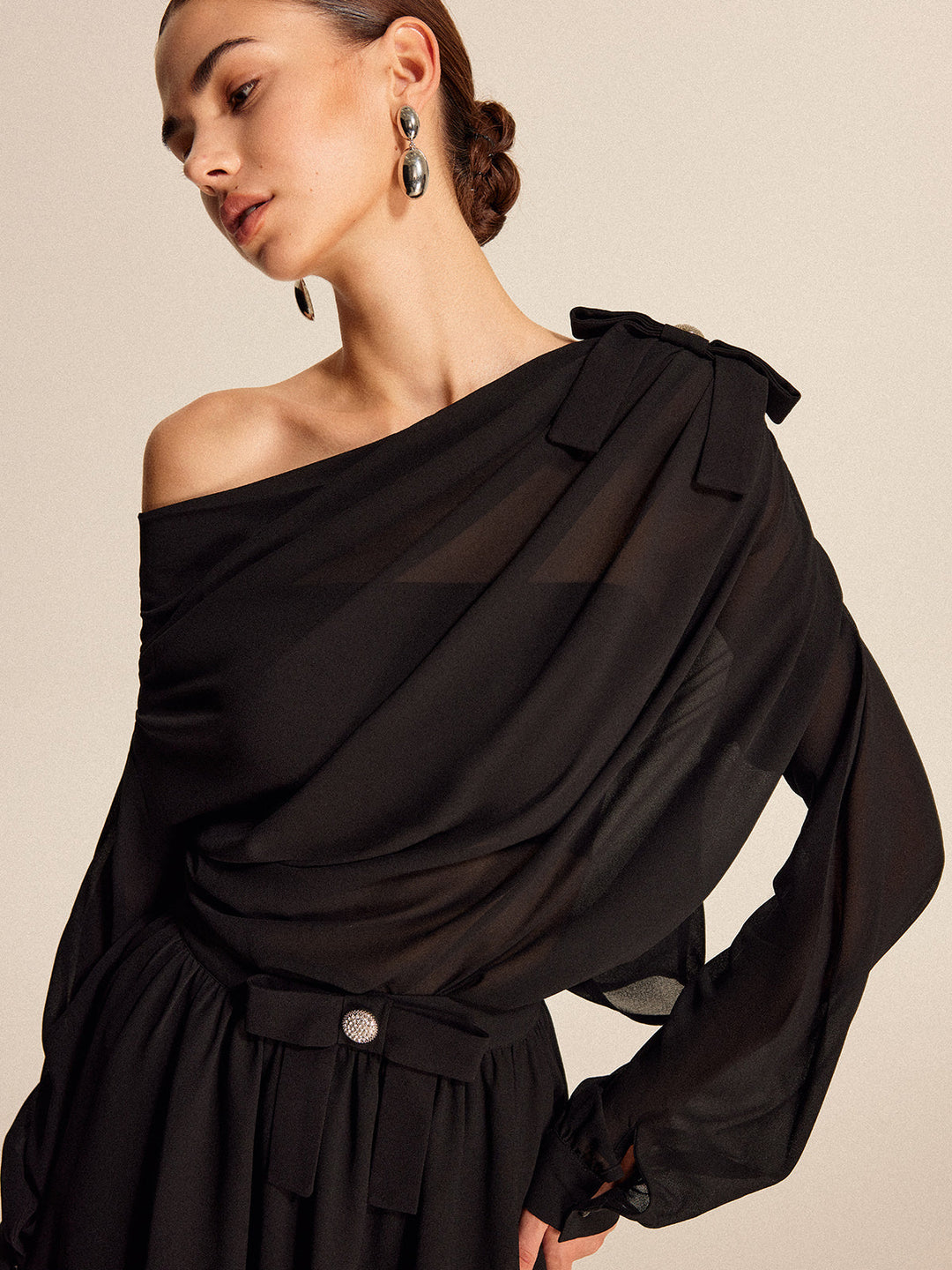 Amelia | Semi-Sheer Chiffon One-Shoulder Bow Detail Skirt Set