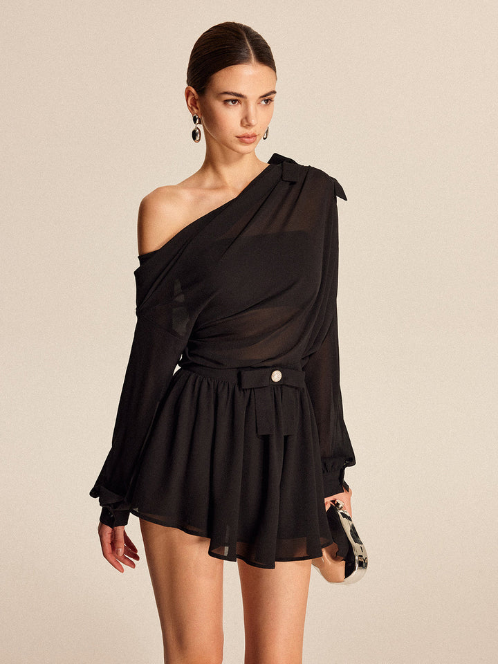 Amelia | Semi-Sheer Chiffon One-Shoulder Bow Detail Skirt Set
