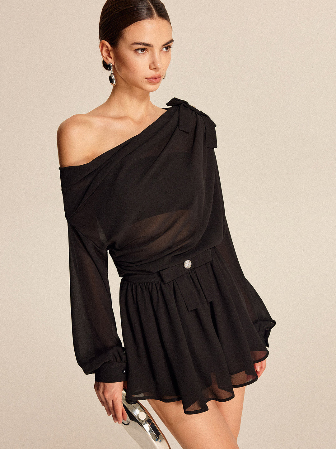 Amelia | Semi-Sheer Chiffon One-Shoulder Bow Detail Skirt Set