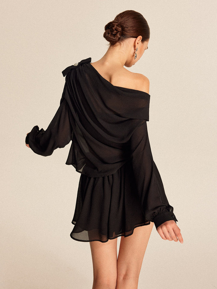 Amelia | Semi-Sheer Chiffon One-Shoulder Bow Detail Skirt Set