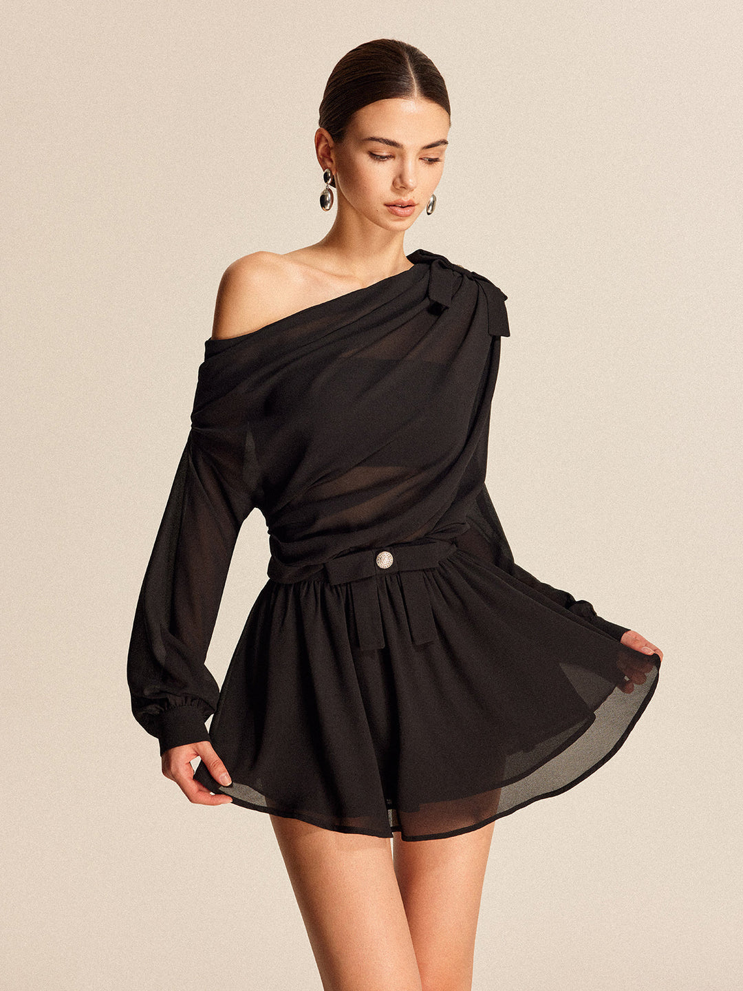 Amelia | Semi-Sheer Chiffon One-Shoulder Bow Detail Skirt Set