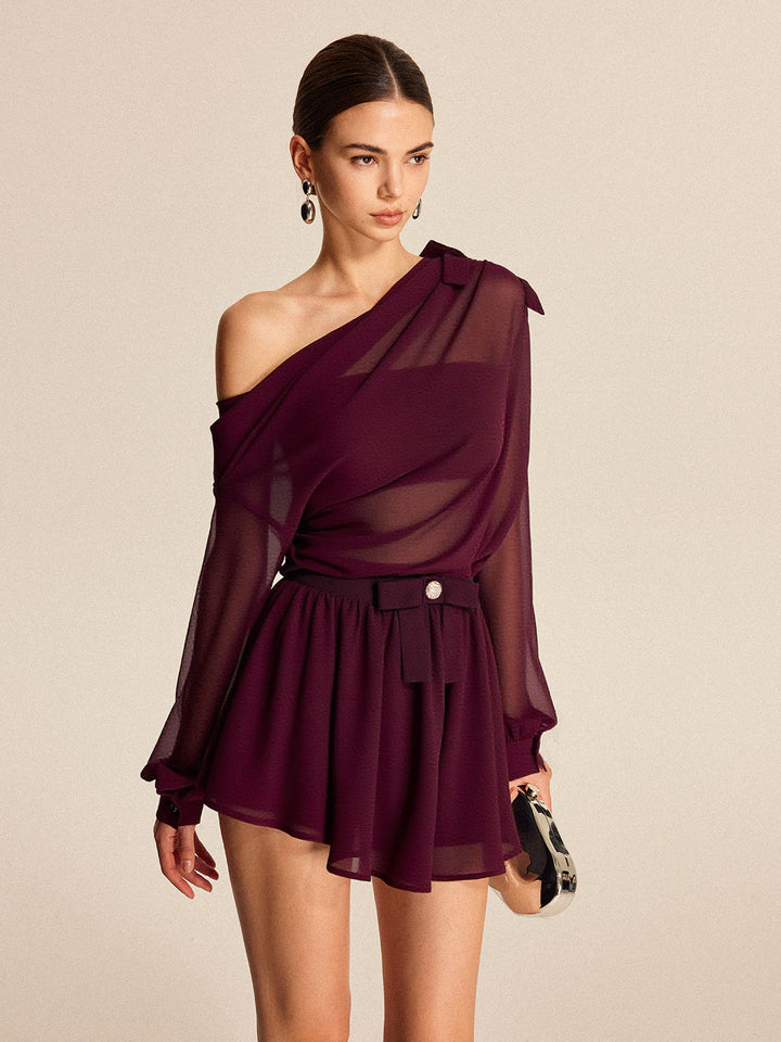 Amelia | Semi-Sheer Chiffon One-Shoulder Bow Detail Skirt Set