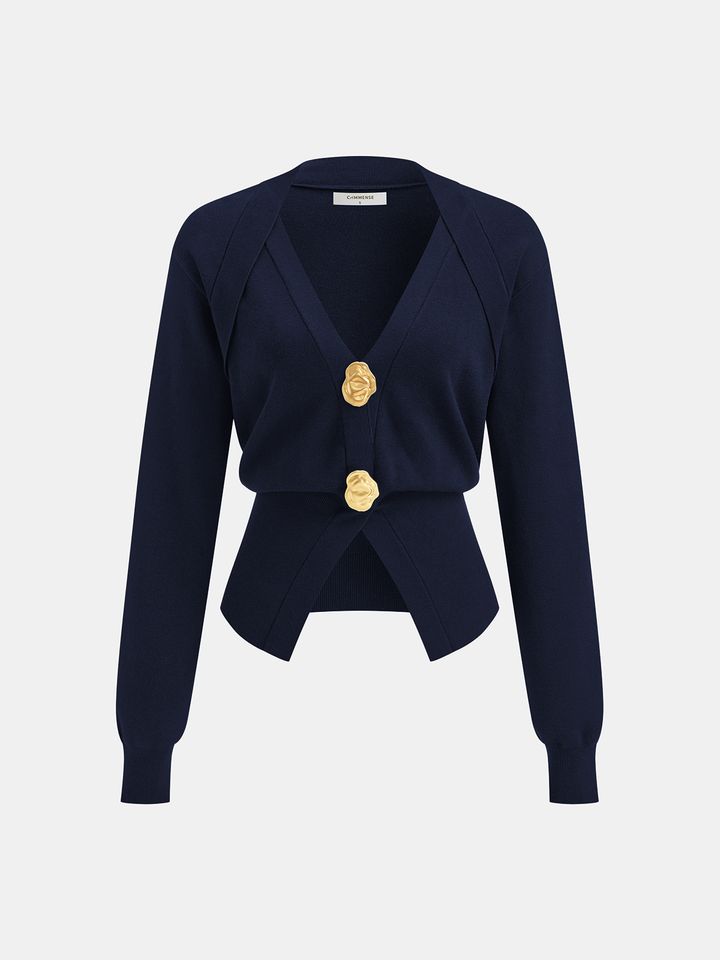 Millie | Metal Button V-Neck Knit Cardigan