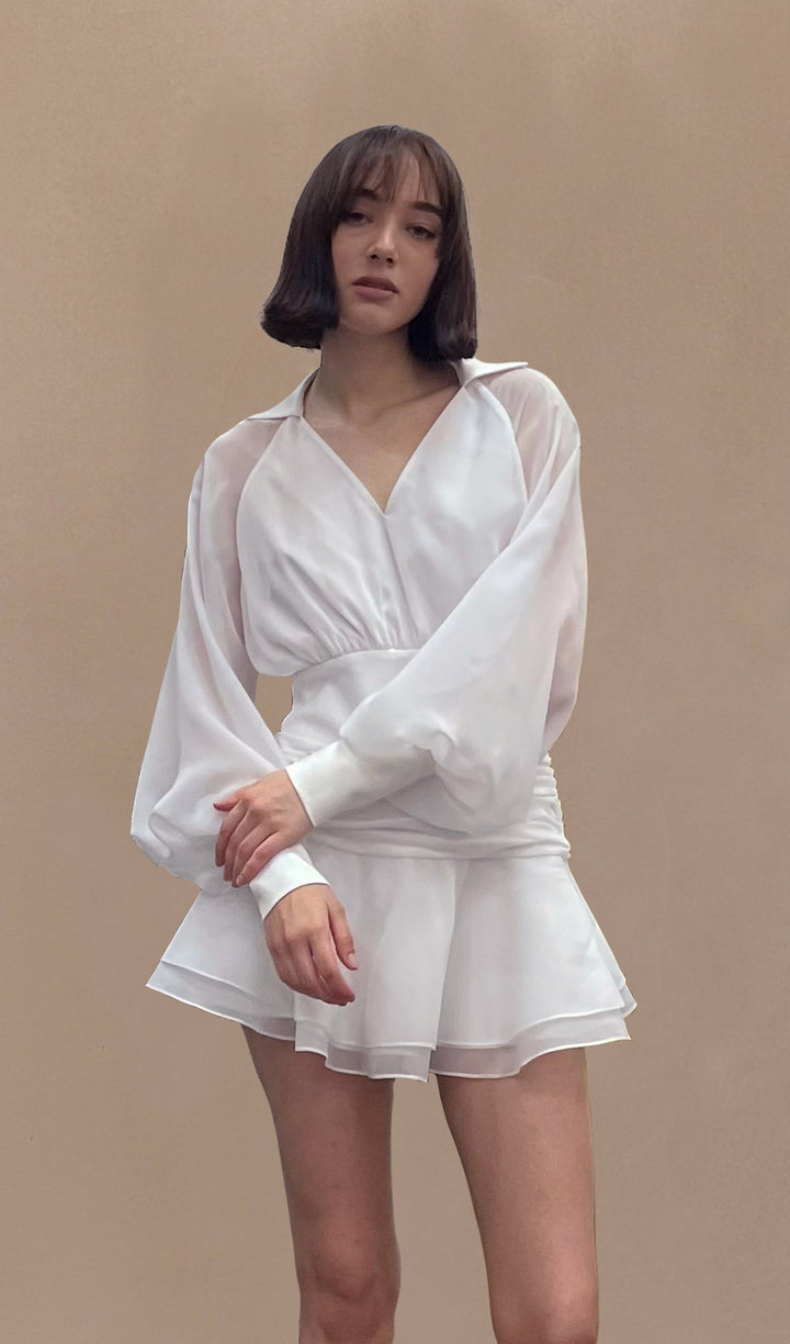 Eithne | Sheer-Sleeve Collared Mini Dress