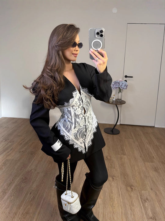 Annalise | Women's V-Neck Lace-Splicing Blazer-Style Mini Dress