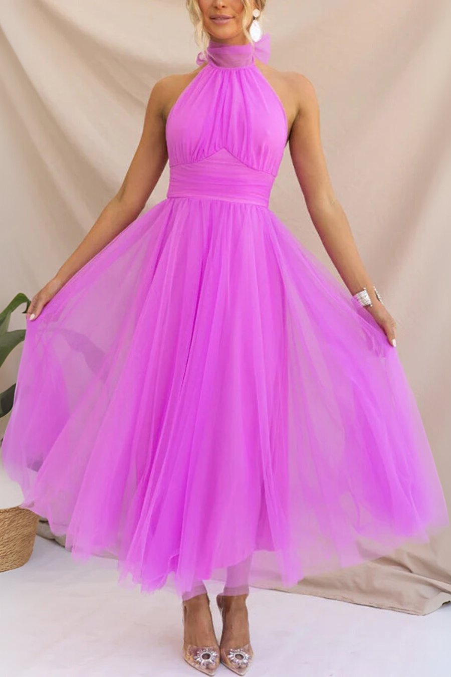 Aylin | Women's Sleeveless Halter-Neck Midi Prom Dress