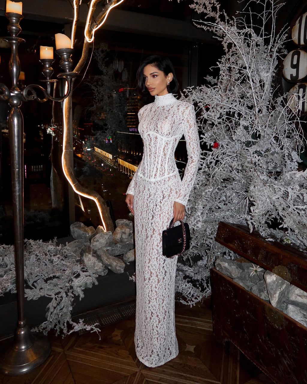Raina | Women's High-Neck Long-Sleeve Corset-Inspired Lace Maxi Dress