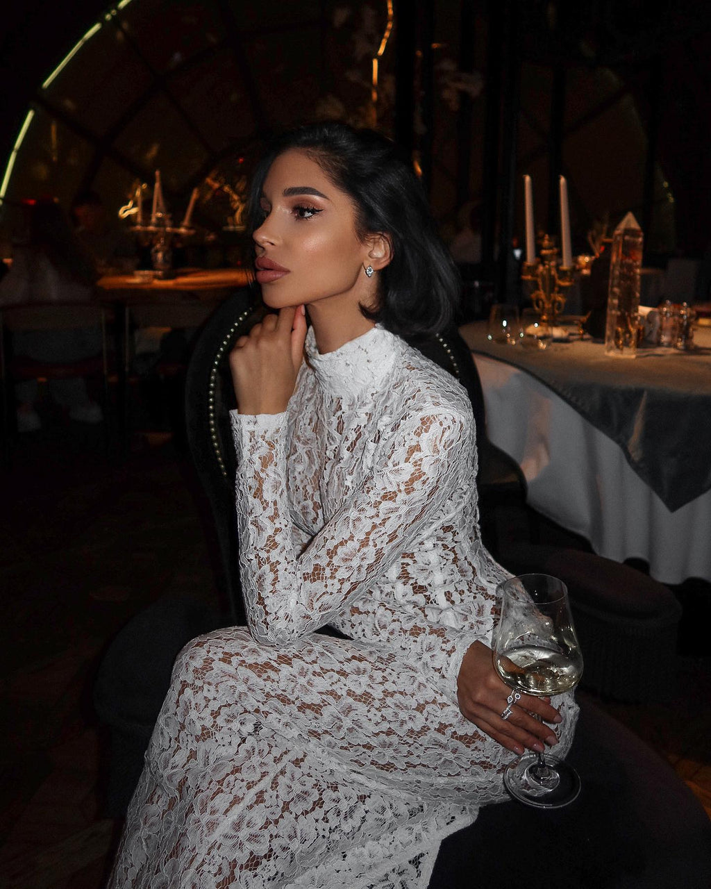 Raina | Women's High-Neck Long-Sleeve Corset-Inspired Lace Maxi Dress