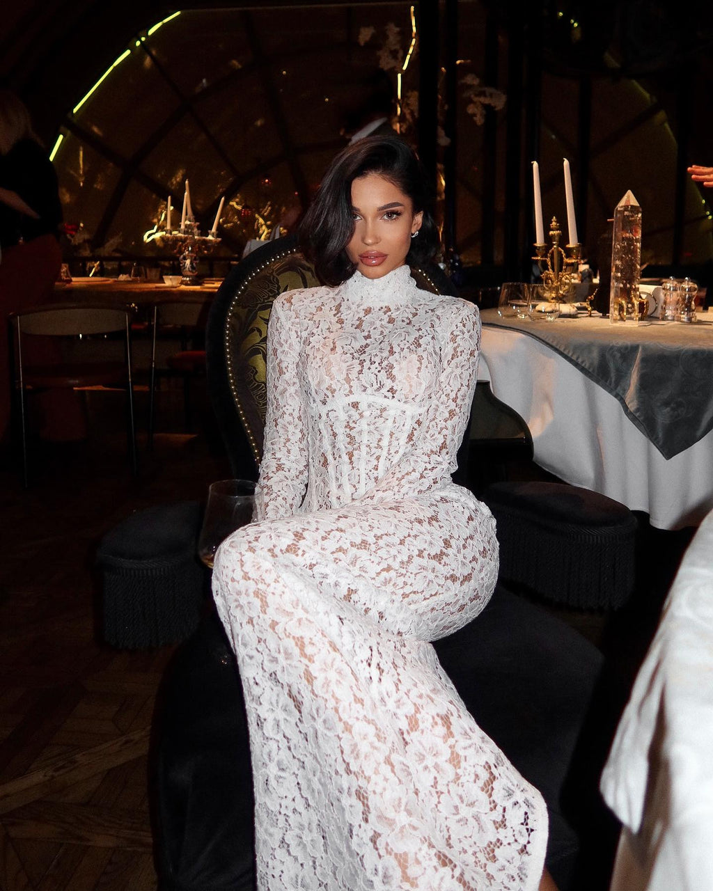Raina | Women's High-Neck Long-Sleeve Corset-Inspired Lace Maxi Dress