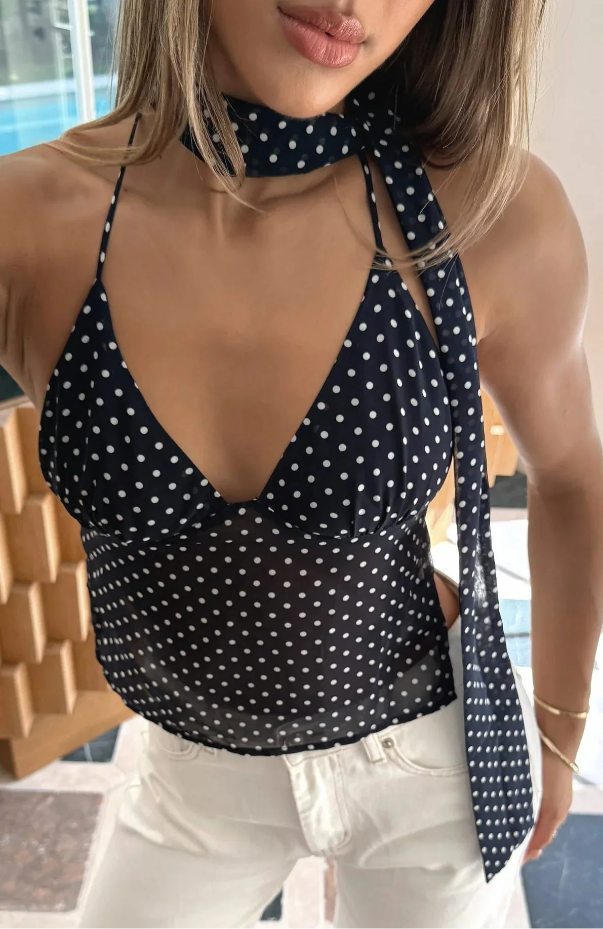 Lilly | Women's Sleeveless Polka-dot Summer Top with Scarf