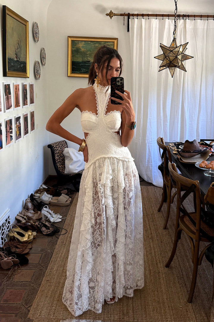 Princesa White Lace Drop Waist Maxi Dress