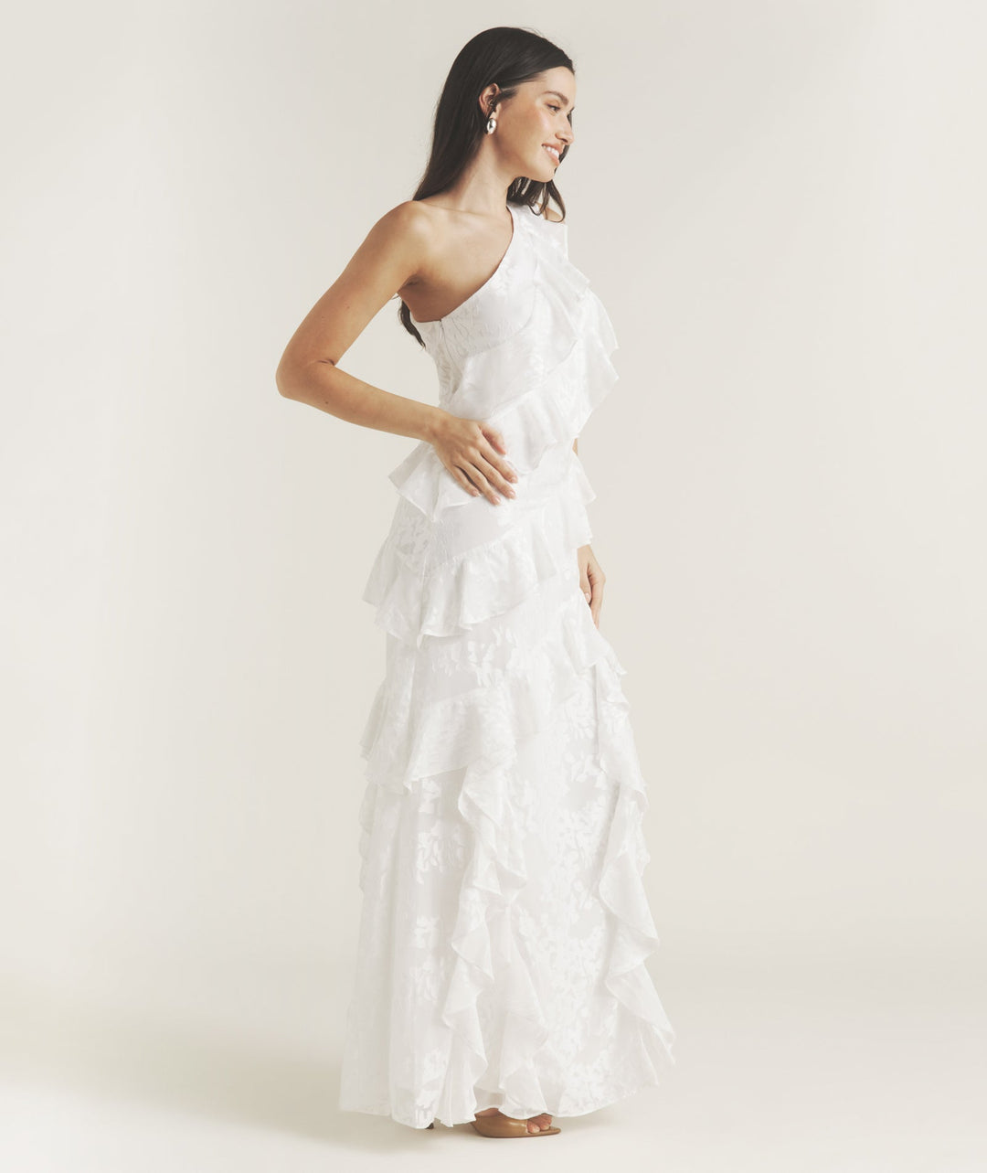 One Shoulder Floral Ruffle Maxi Dress - White