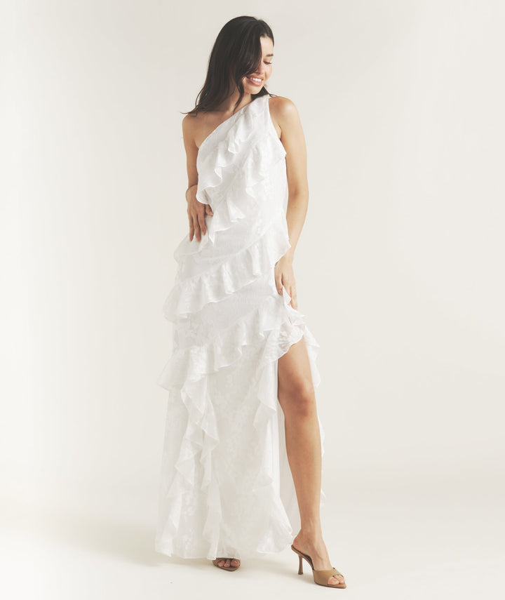 One Shoulder Floral Ruffle Maxi Dress - White