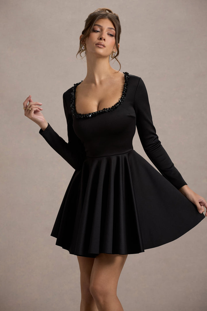 Wilder | Black Embellished Square-Neck Long-Sleeve Skater Mini Dress