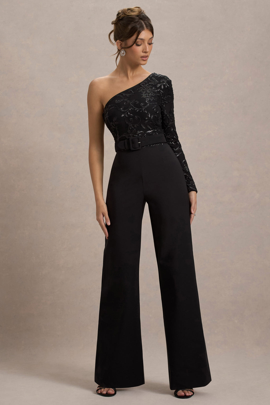 Upgrade | Black Lace Asymmetric Belted Wide-Leg Jumpsuit