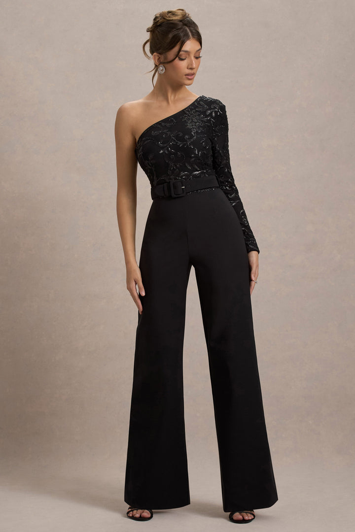 Upgrade | Black Lace Asymmetric Belted Wide-Leg Jumpsuit