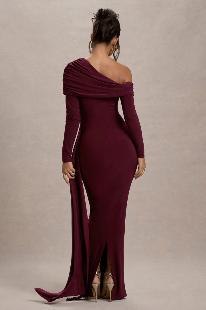 Valina | Burgundy Ruched Asymmetric Maxi Dress With Drape